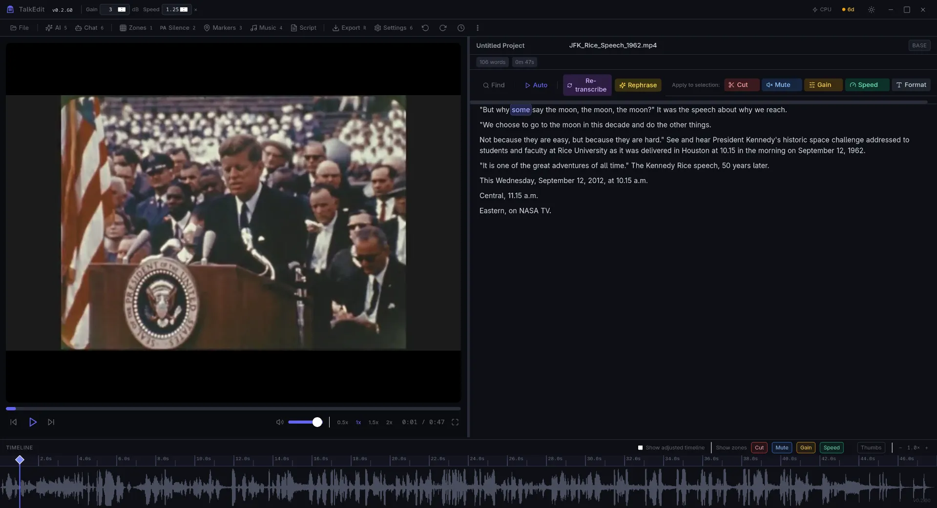 TalkEdit app showing JFK moon speech transcript and waveform